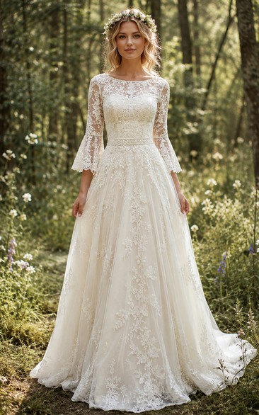Modest Boho Wedding Dress with Illusion Bateau Neckline, Bell Sleeves & Floral Lace A-Line Train