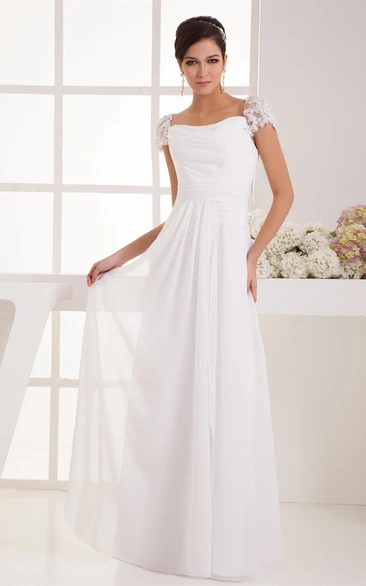 Caped-Sleeve Floor-Length Chiffon Pleats and Dress With Ruching