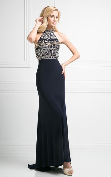 Sheath Maxi High Neck Sleeveless Jersey Dress With Beading And Pleats