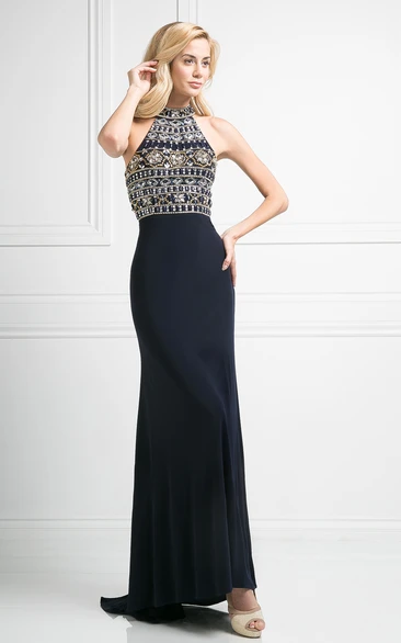 Sheath Maxi High Neck Sleeveless Jersey Dress With Beading And Pleats