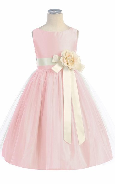 Tea-Length Tiered Tulle&Satin Flower Girl Dress