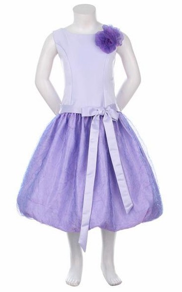 Tea-Length Sleeveless Organza&Satin Flower Girl Dress