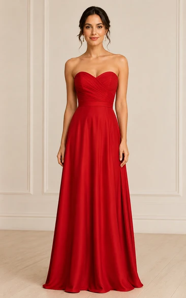 Red Strapless Sweetheart A-Line Chiffon Bridesmaid Dress