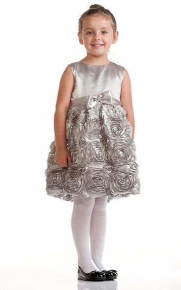 Knee-Length Tiered Bowed Satin Flower Girl Dress