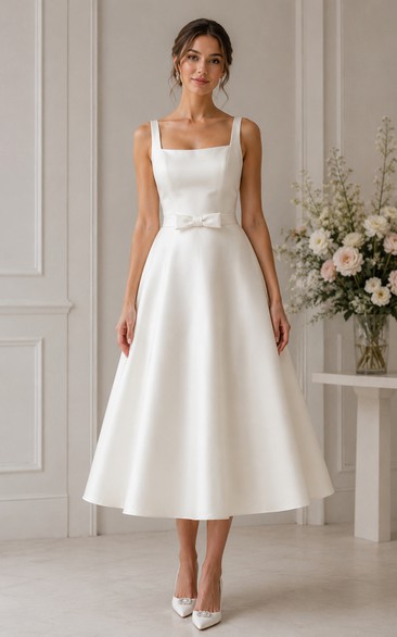 Ivory Tea-length Square Satin A-line Wedding Dress with Bow