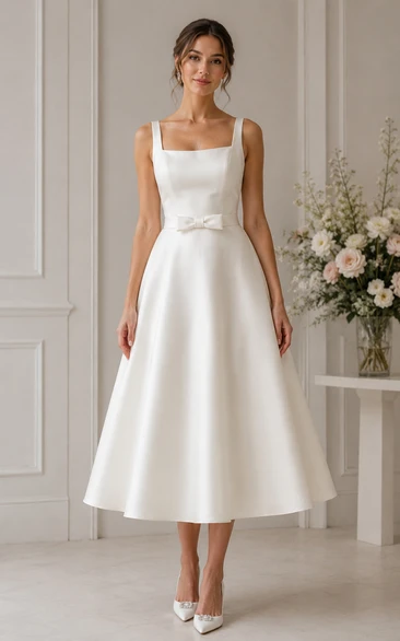 Ivory Tea-length Square Satin A-line Wedding Dress with Bow