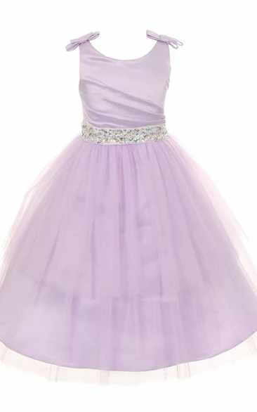 Jewel Short Pleated Tiered Tulle&Satin Flower Girl Dress With Sash
