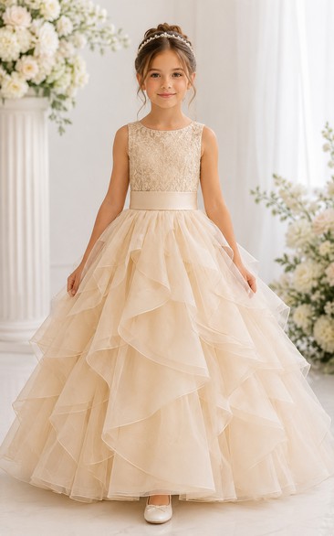 Champagne Ball Gown Lace Flower Girl Dress with Cascading Ruffles, Bow Sash