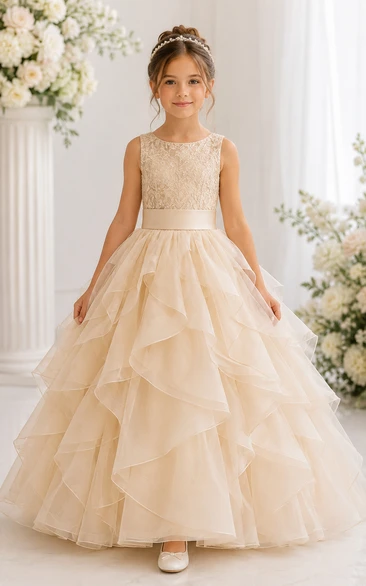 Champagne Ball Gown Lace Flower Girl Dress with Cascading Ruffles, Bow Sash