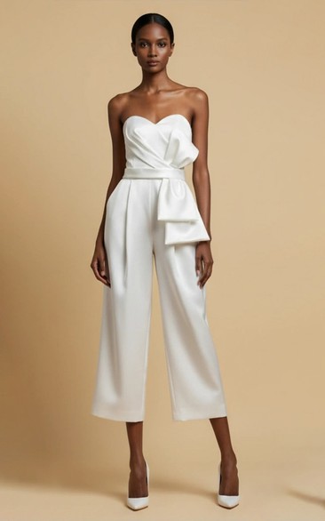 Strapless Pleated Bow Wide Leg Culotte Wedding Jumpsuit