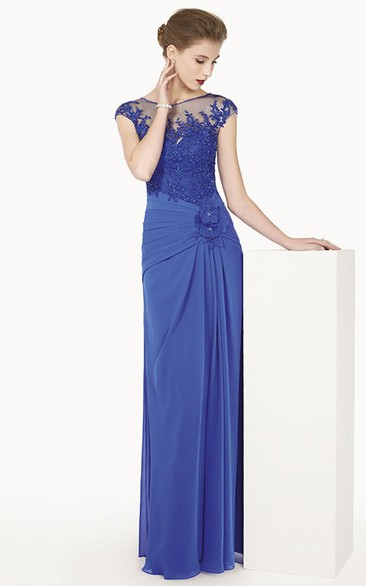 Bateau Cap Sleeve Chiffon Long Dress With Waist Flower And Appliqued Top