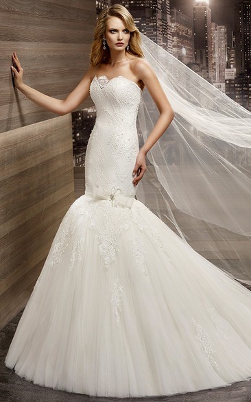 Strapless Sheath Mermaid Lace Gown with Flower Embellishment