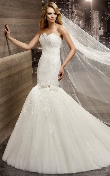 Strapless Sheath Mermaid Lace Gown with Flower Embellishment