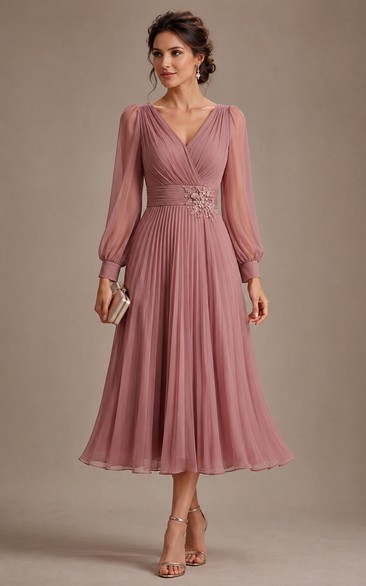 Dusty Rose V-neck Long Sleeve Chiffon Tea-length A-Line Dress