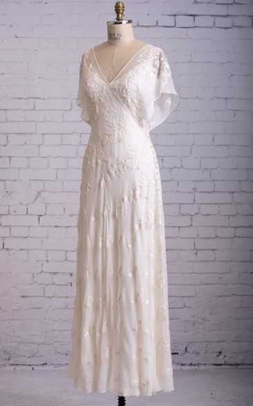 Vintage Inspire Lace 1920s Retro Casual V-Neck Sheath Flutter Butterfly Sleeves Wedding Dress