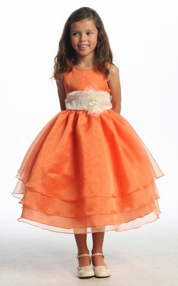 Tea-Length Tiered Organza Flower Girl Dress