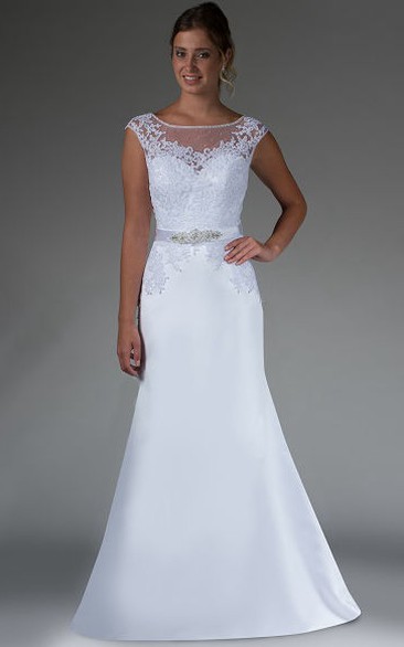Beading Sash Sheath Satin Bridal Gown With Removable Lace Cap-Sleeve Top