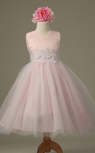 Floral Tea-Length Tiered Tulle&Lace Flower Girl Dress