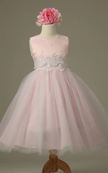 Floral Tea-Length Tiered Tulle&Lace Flower Girl Dress