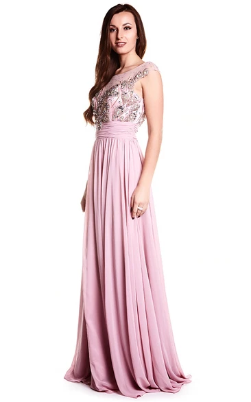 Sheath Beaded Cap-Sleeve Long Scoop-Neck Chiffon Prom Dress With Pleats