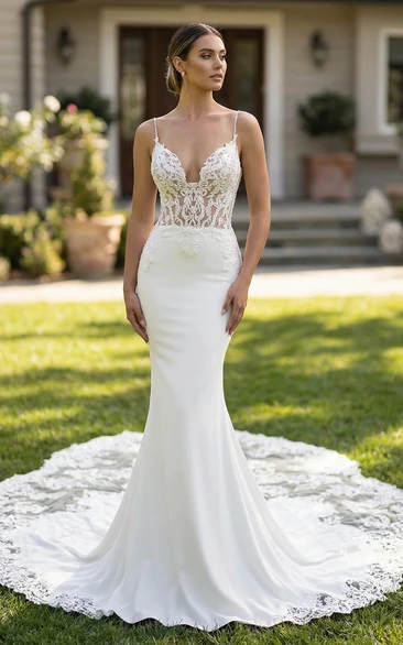 Spaghetti Strap Deep V Lace Mermaid Bridal Gown