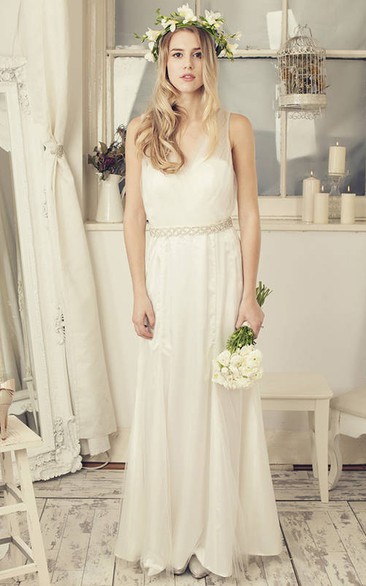 Sheath Sleeveless V-Neck Tulle Wedding Dress With Waist Jewellery