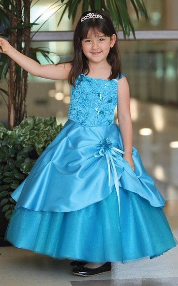 Ankle-Length Tiered Beaded Tulle&Lace Flower Girl Dress With Sash