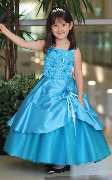 Ankle-Length Tiered Beaded Tulle&Lace Flower Girl Dress With Sash