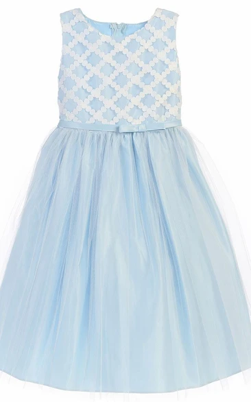 Tea-Length Bowed Sleeveless Tulle&Satin Flower Girl Dress