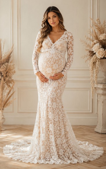 Ivory Long Sleeve Lace Mermaid Maternity Wedding Dress