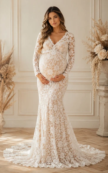 Ivory Long Sleeve Lace Mermaid Maternity Wedding Dress