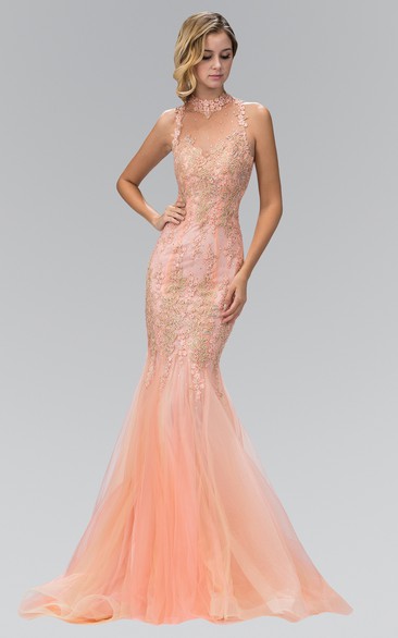 Mermaid Halter Sleeveless Tulle Illusion Dress With Appliques And Beading