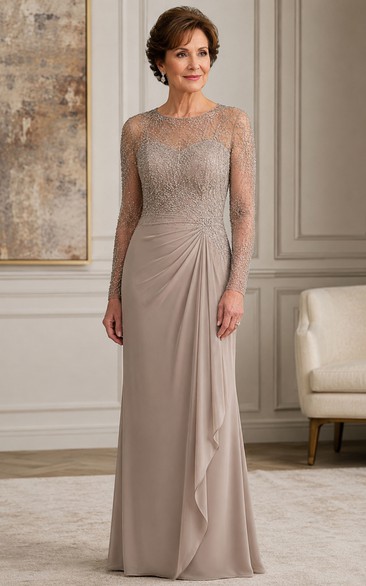 Taupe Sheath Lace Long Sleeve Chiffon Mother Dress