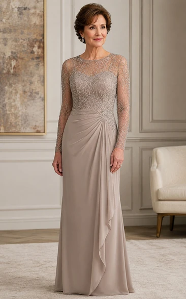 Taupe Sheath Lace Long Sleeve Chiffon Mother Dress