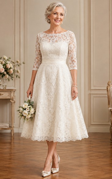 Tea Length Lace A-Line Older Brides Wedding Dress with Long Sleeve Sleeves