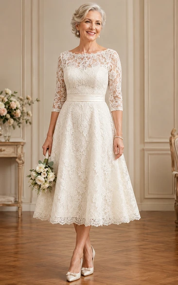 Tea Length Lace A-Line Older Brides Wedding Dress with Long Sleeve Sleeves