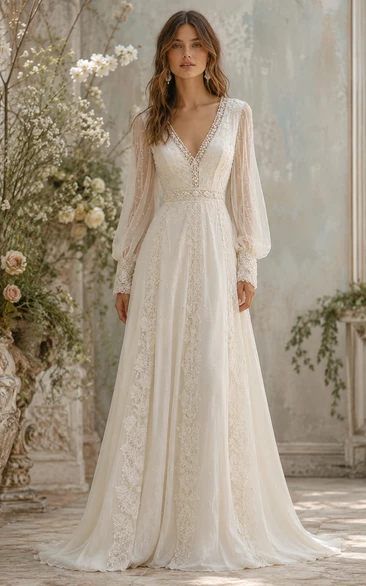 V-Neck Bishop Sleeve Lace A-Line Vintage Wedding Dress