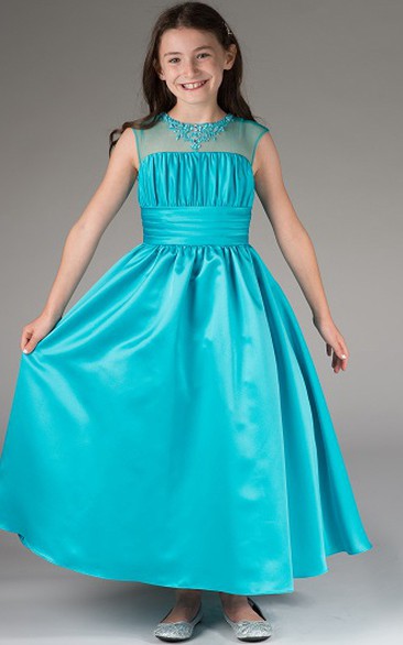 Flower Girl Crystal Neck Cap Sleeve Taffeta Ankle Length Dress With Bandage