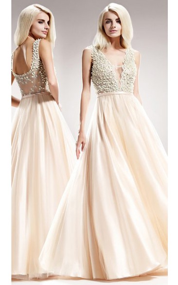A-Line Floor-Length V-Neck Sleeveless Satin Low-V Back Dress With Beading