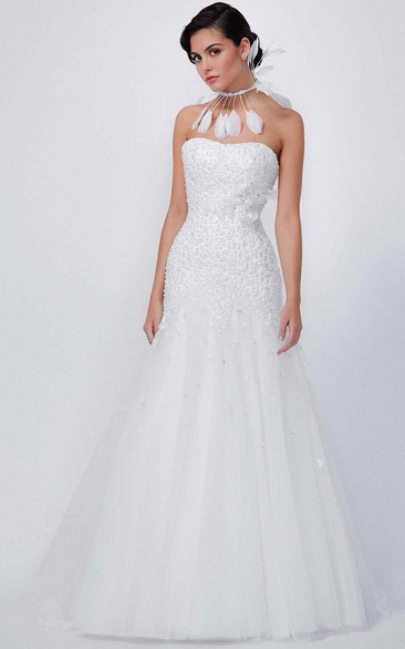 Mermaid Strapless Sleeveless Beaded Maxi Tulle Wedding Dress With Flower