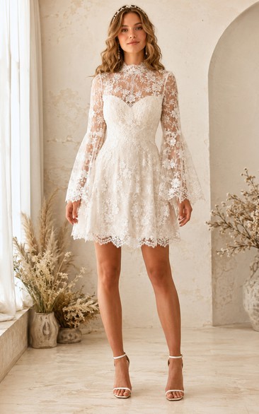 Boho Short Lace Wedding Dress with High Neck Illusion Bodice, Long Bell Sleeves & Scalloped Mini Hem