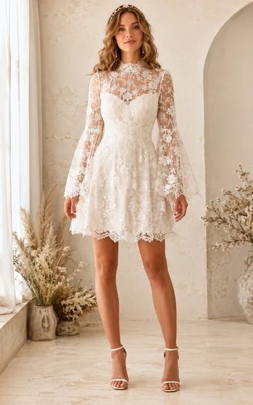 Boho Short Lace Wedding Dress with High Neck Illusion Bodice, Long Bell Sleeves & Scalloped Mini Hem