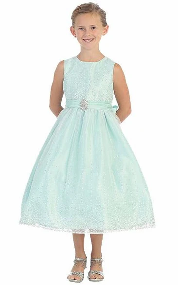 Tea-Length Natural Beaded Tulle&Satin Flower Girl Dress With Broach