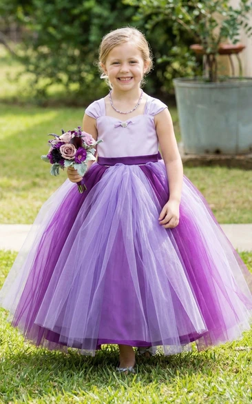 Cap Sleeve Tulle Flower Girl Dress with Bow