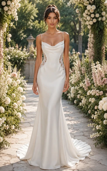 Simple Cowl Neck Satin Wedding Dress with Spaghetti Straps and Low Back Train