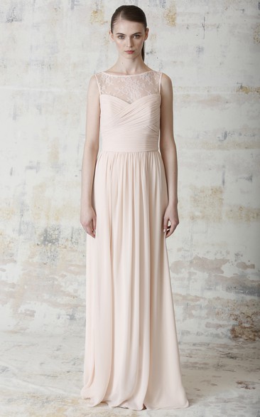 Sleeveless Bateau Neck Appliqued Chiffon Bridesmaid Dress With Criss Cross