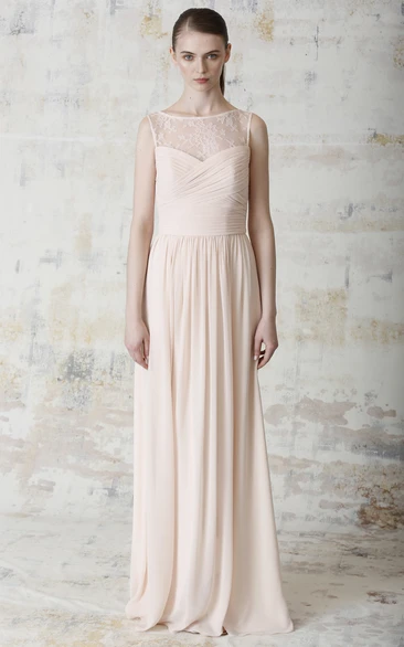 Sleeveless Bateau Neck Appliqued Chiffon Bridesmaid Dress With Criss Cross