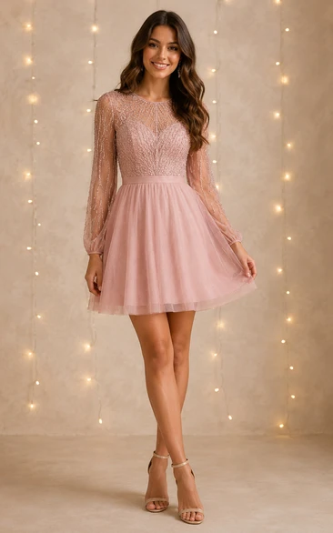 Tulle Cocktail Dress in Blushing Pink, Jewel A-Line Mini Gown with Beading and Appliques