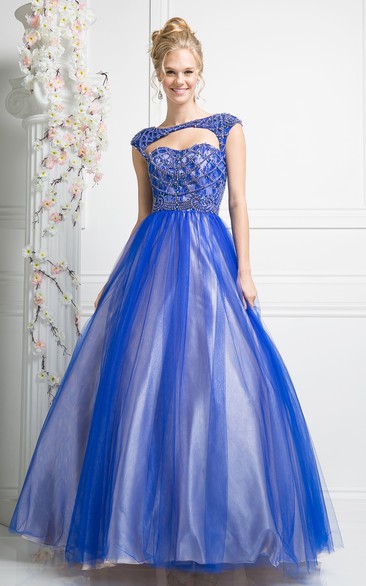 Ball Gown Bateau Cap-Sleeve Tulle Satin Keyhole Dress With Beading