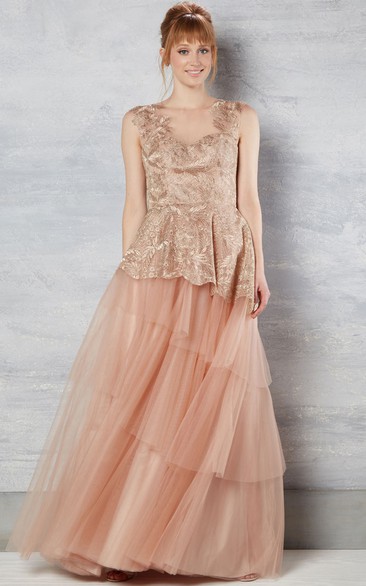 A-Line Floor-Length Appliqued Sleeveless Tulle Wedding Dress With Tiers And Illusion Back